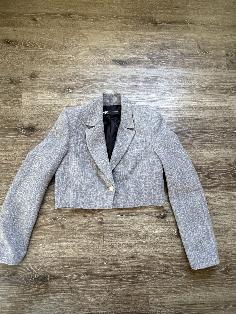 Zara Cropped Gray Tweed Blazer Jacket with Notch Lapel